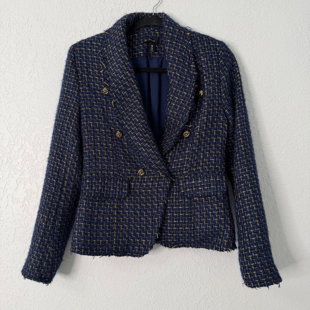AQUA Womens Navy Blue Gold Metallic Tweed Double Breasted Blazer Jacket‎ Small